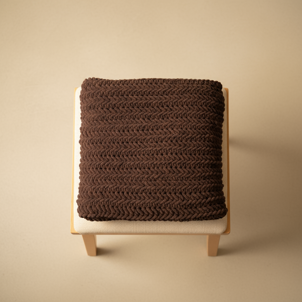 Brown knitted blanket on a wooden stool against a beige background