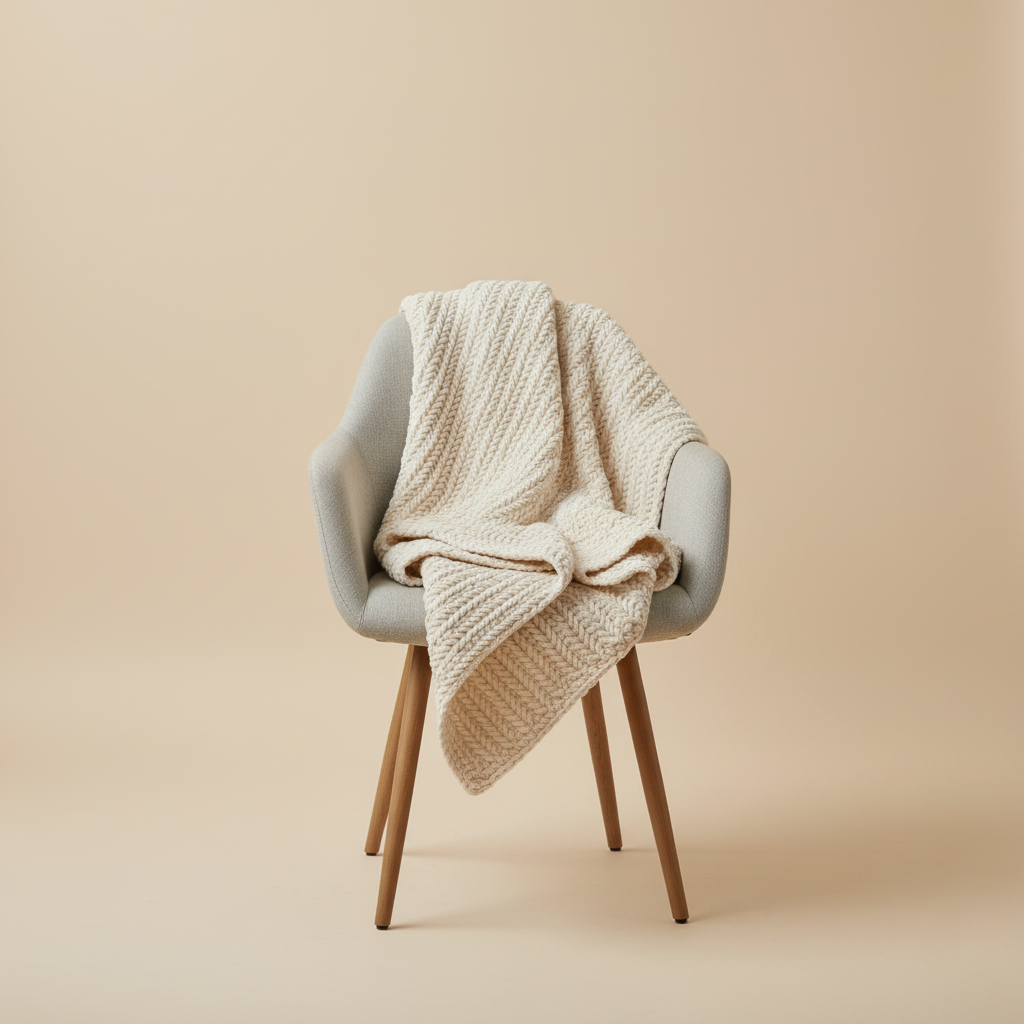 Beige knitted blanket draped over a gray chair on a beige background