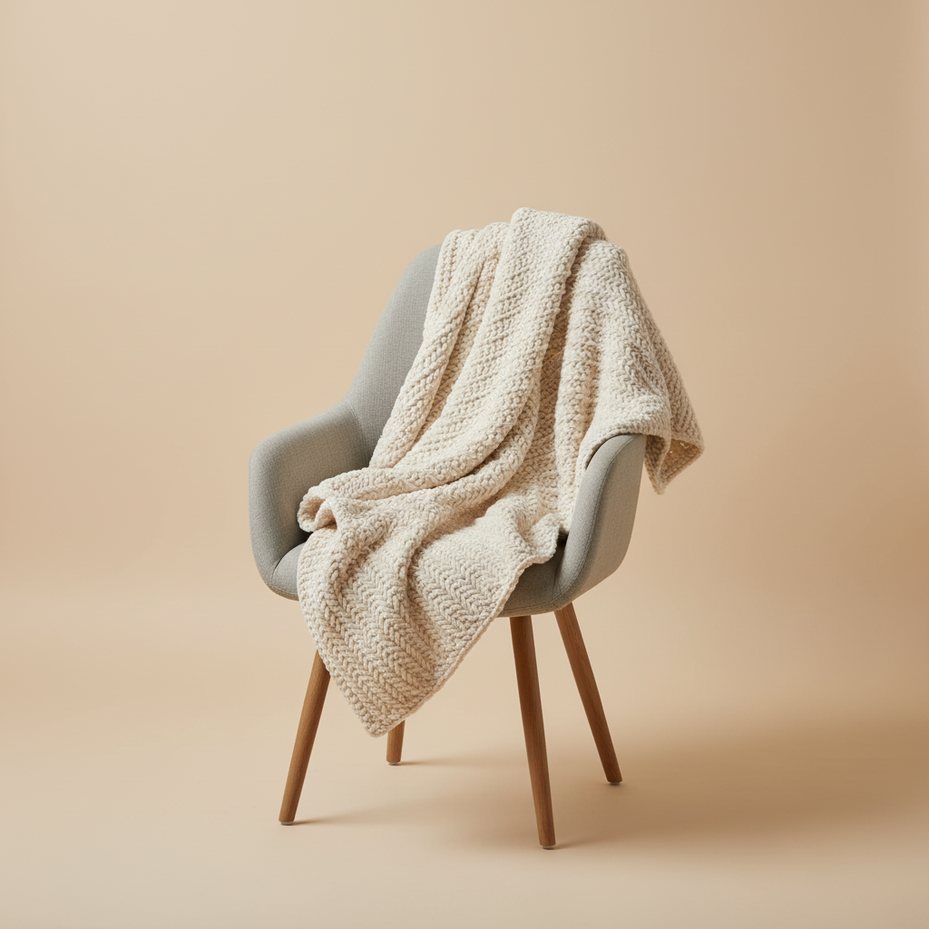 Gray chair with a beige blanket draped over it on a beige background