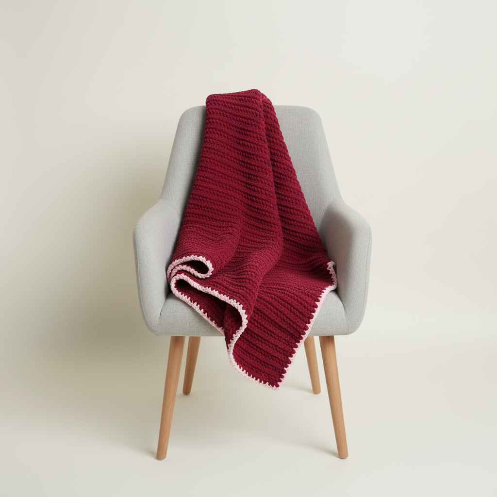 red crochet blanket draped on grey chair