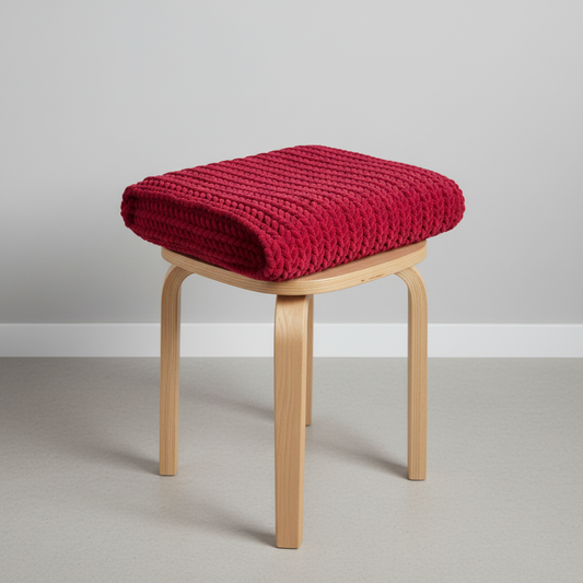 red crochet blanket on a wooden stool