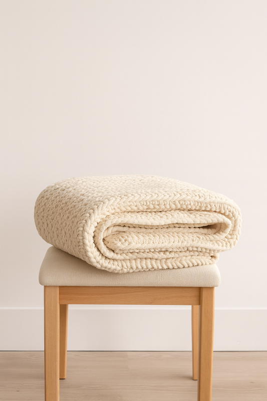 Folded beige blanket on a wooden stool against a plain wall
