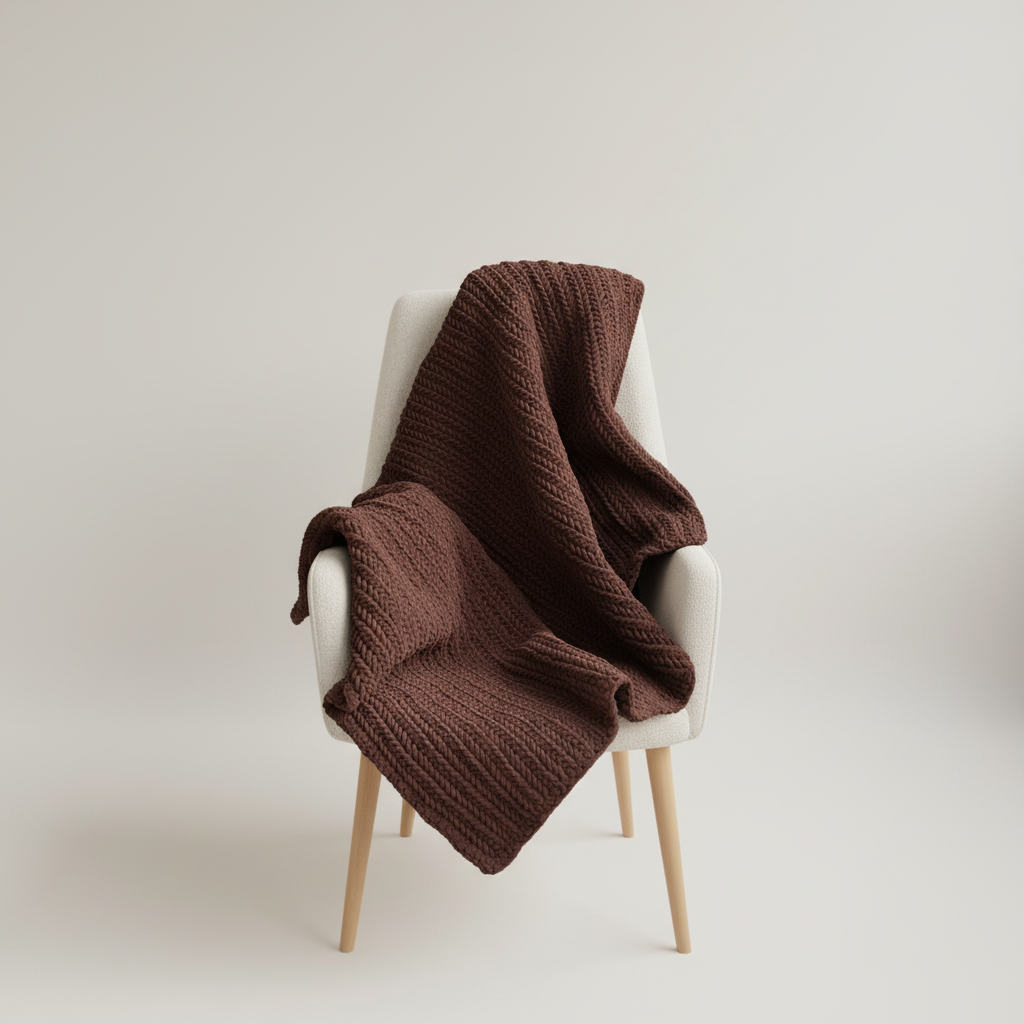 Brown knitted blanket draped over a white chair on a light gray background